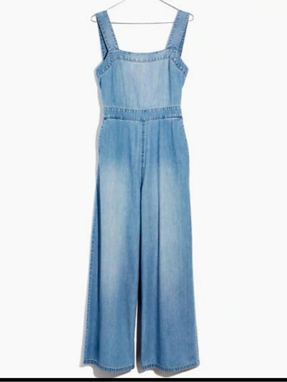 Madewell Romper Sz 12 Denim Apron Bow Back Jumpsuit Crop Chambray Wide Leg